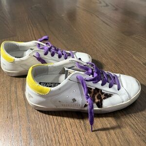 Golden Goose 37 Like New W Sneaker Leopard/Cheeta Star,,Yellow heel,Purple lace